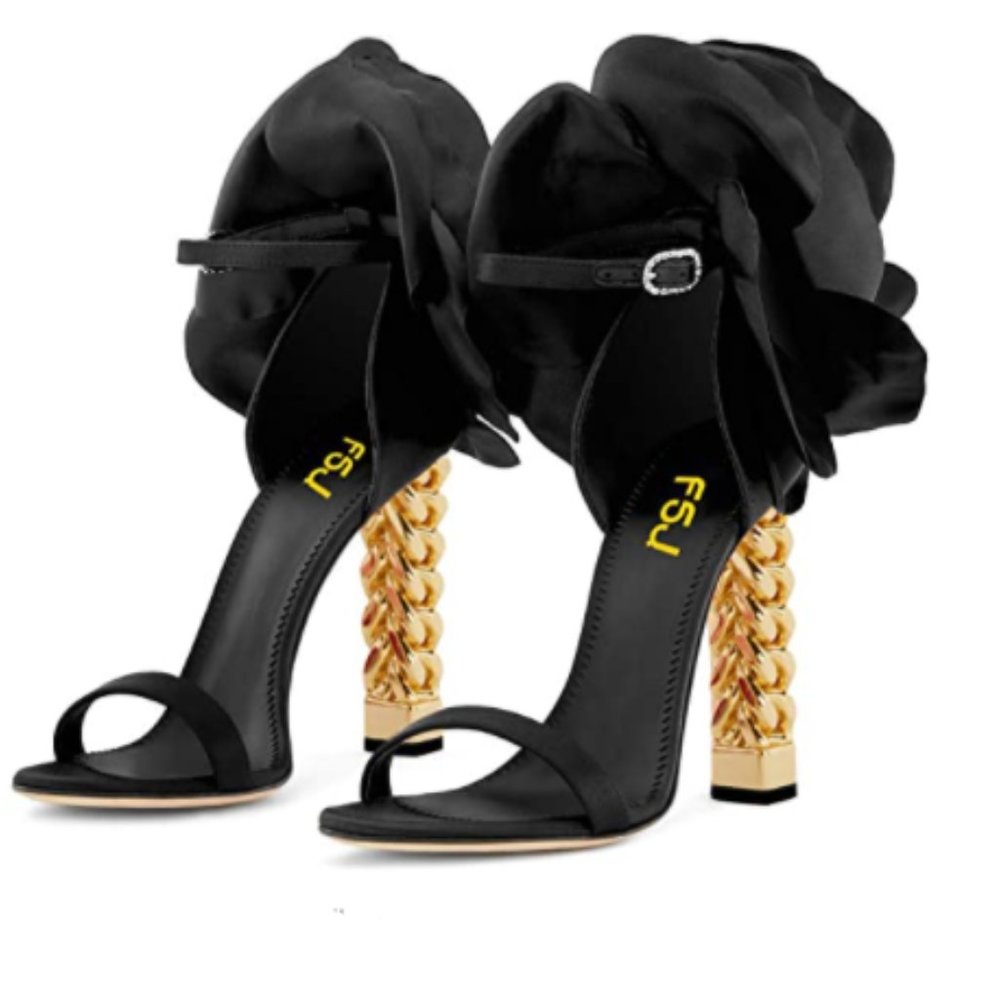 FSJ Black Flower Gold Metal Chunky Heel Sandals